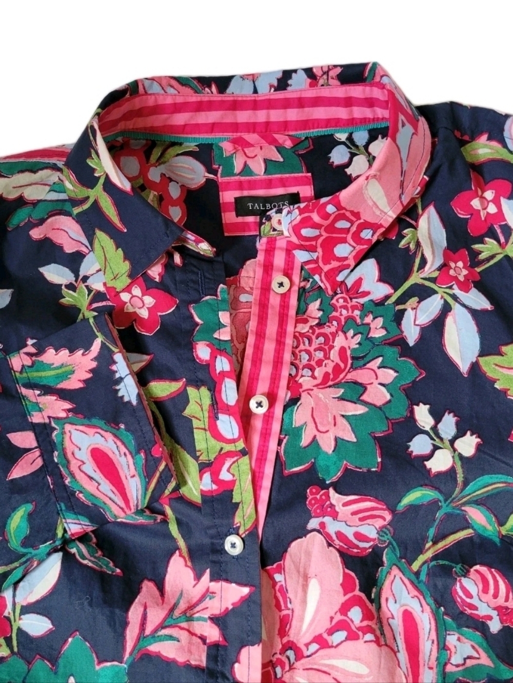 Talbots Modern Classic Shirt sz sm Joyful Jacobean floral 100% cotton pink navy